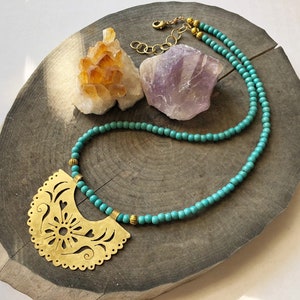Papel Picado Brass Necklace: Turquoise Beaded, Handmade