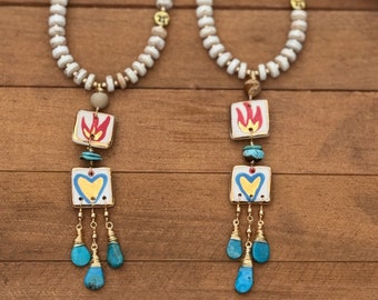 Ceramic Milagro tile necklace, flaming heart milagro and genuine turquoise necklace