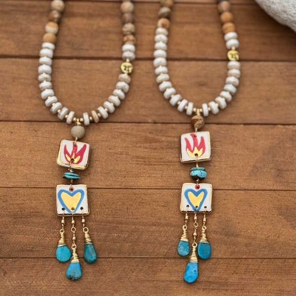 Ceramic Milagro tile necklace, flaming heart milagro and genuine turquoise necklace