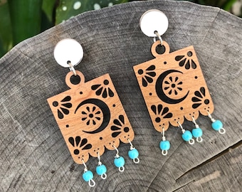 Papel picado earrings, Mexican Folk art crescent Moon wood earrings