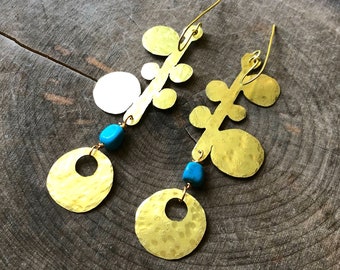 Handmade Turquoise Brass Earrings: Long Dangle Earrings