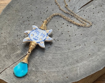 Ceramic Folk Sun and genuine turquoise Charm Necklace