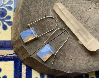 Modern Opalite Quartz hoop earrings, glowing stone hoops