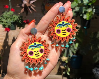 Fiesta Sun earrings, tribal sun gemstone earrings , hand painted wood SOL earrings