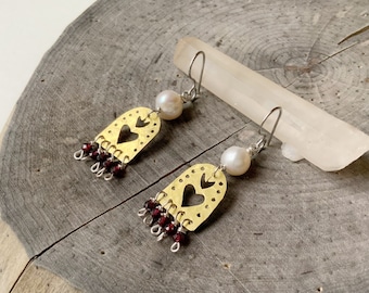 Sacred Heart and garnet dangle earrings, hammered brass Sagrado Corazon earrings