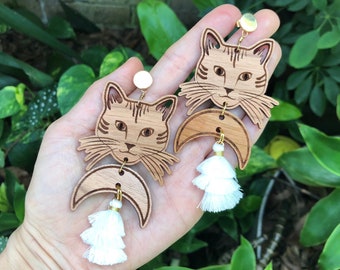 Cat and crescent moon tassel earrings, Wooden cat earrings , house cat chandelier earrings