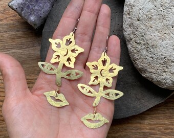 Celestial Flower earrings, surreal flower face earrings , crescent moon jewelry