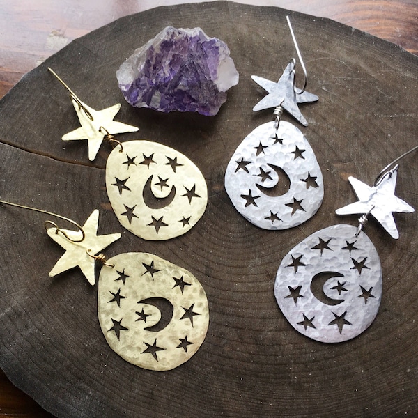 moon and star earrings , Noche De Ronda earrings, la luna y las estrellas, moon earrings, celestial jewelry