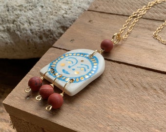 Ceramic celestial lady and matte red jasper Charm Necklace