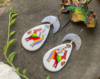 Mexican folk art earrings, celestial Mexican Otomi polymer clay earrings, embroidery inspired fantasy creatures