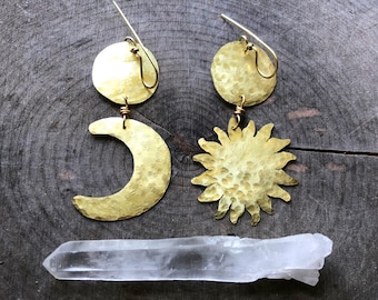 Sun and moon earrings, crescent moon dangles, metal sun earrings