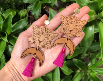 Jaguar and crescent moon tassel earrings, Wooden celestial jaguar earrings , tropical chandelier earrings