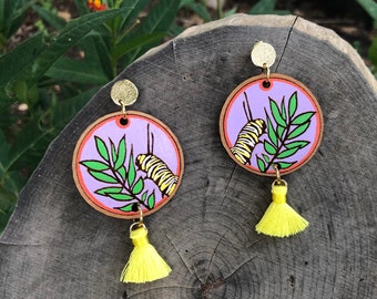 Caterpillar earrings, wood and tassel earrings , hand painted wood earrings