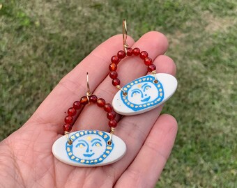 Ceramic Celestial lady and carnelian earrings