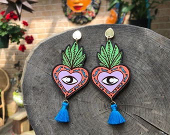 Fiesta sacred plant earrings, wood and tassel earrings , hand painted wood earrings