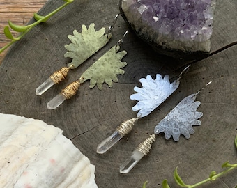 Handmade Sun & Crystal Point Earrings: Hammered Metal Dangles