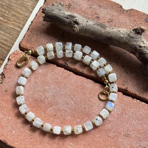 Rainbow Moonstone Cube Choker Necklace | Gold Hematite Gemstone Necklace | Minimalist Boho Jewelry