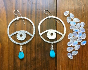 Eye earrings, big metal eye and turquoise earrings, ojo earrings