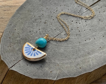Ceramic Folk Flower and genuine turquoise Charm Necklace