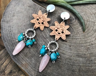 Sun earrings, Sol and turquoise cluster earrings, wooden earrings