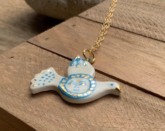 Ceramic bird pendant necklace, Ceramic Blue Lady Bird Charm Necklace