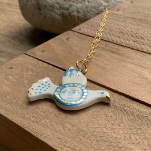 Ceramic bird pendant necklace, Ceramic Blue Lady Bird Charm Necklace image 1