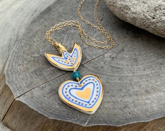 Ceramic Milagro and genuine turquoise Charm Necklace, ceramic heart pendant necklace