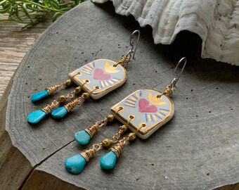 Sacred heart and turquoise drop earrings, ceramic sacred heart earrings, ceramic heart earrings