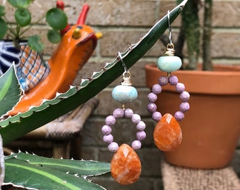 Orange Calcite and phosphosiderite dangle earrings, colorful gemstone drop earrings