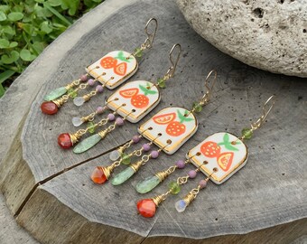 Ceramic orange slice and multi gemstone earrings, ceramic fruit and moonstone earrings