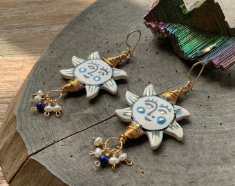 Folk art sun and freshwater pearl cluster earrings, folksy ceramic sun earrings