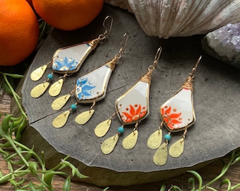 Folk art orange flower ceramic bead and brass earrings, folksy flower ceramic earrings