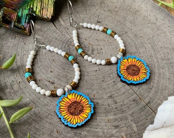 Sunflower earrings, hand painted mini wooden sunflower earrings with white magnesite beads
