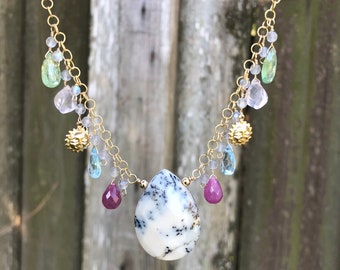 Dendritic Opal sun cluster necklace, multi gemstone necklace