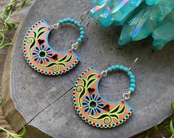 Papel picado earrings, Mexican Folk art, painted wood earrings