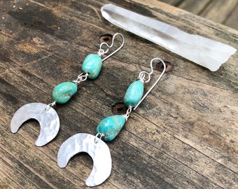 Handmade Turquoise Crescent Moon Earrings: Hammered Metal Luna Design