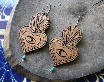 Heart earrings, Milagros and Eye earrings , wood CORAZON earrings