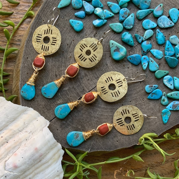 turquoise Zia drop earrings , New Mexico earrings , southwestern jewelry