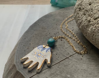 Mystical ceramic hand and genuine turquoise nugget Charm Necklace