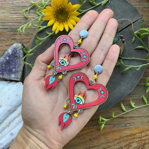 Heart earrings, Folk Art heart and eye earrings, hand painted Corazon earrings
