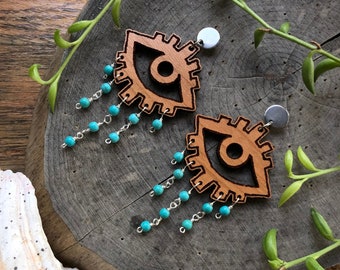 Beaded eye earrings, beaded OJO earrings , wooden eye and turquoise stone earrings