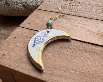 Ceramic Sacred crescent moon and genuine turquoise Charm Necklace