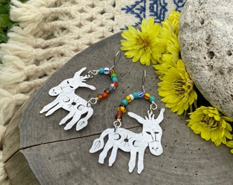 Little Celestial Burro earrings, Donkey earrings, Mexican folk art donkey and rainbow glass bead earrings