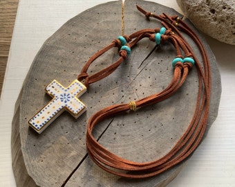 Pottery cross and Blue Magnesite bead necklace, Vegan suede and ceramic cross necklace