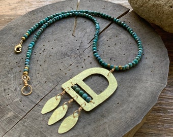 Brass Fringe & Turquoise Beaded Necklace - Geometric Handmade Jewelry