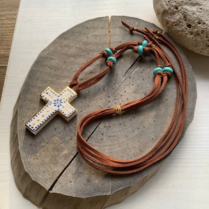 Pottery cross and Blue Magnesite bead necklace, Vegan suede and ceramic cross necklace