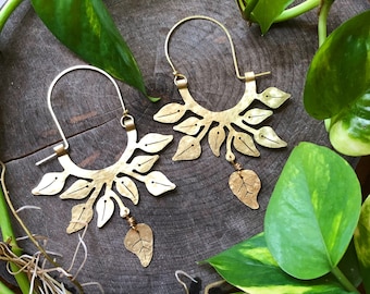 Leaf hoop earrings, pothos leaf hoop earrings, hammered aluminum  hoop earrings