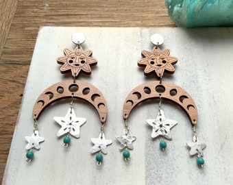 celestial owl earrings, Wooden celestial chandelier earrings