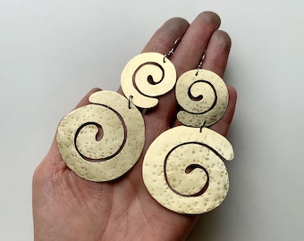 Brass spiral earrings, big double spiral earrings, big and small coil earrings