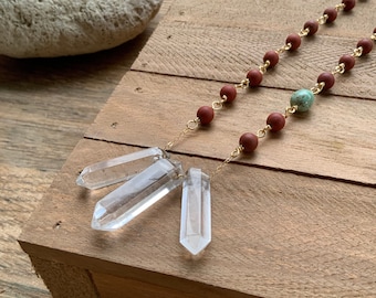 Quartz point and matte red jasper necklace, beaded southwestern crystal necklace